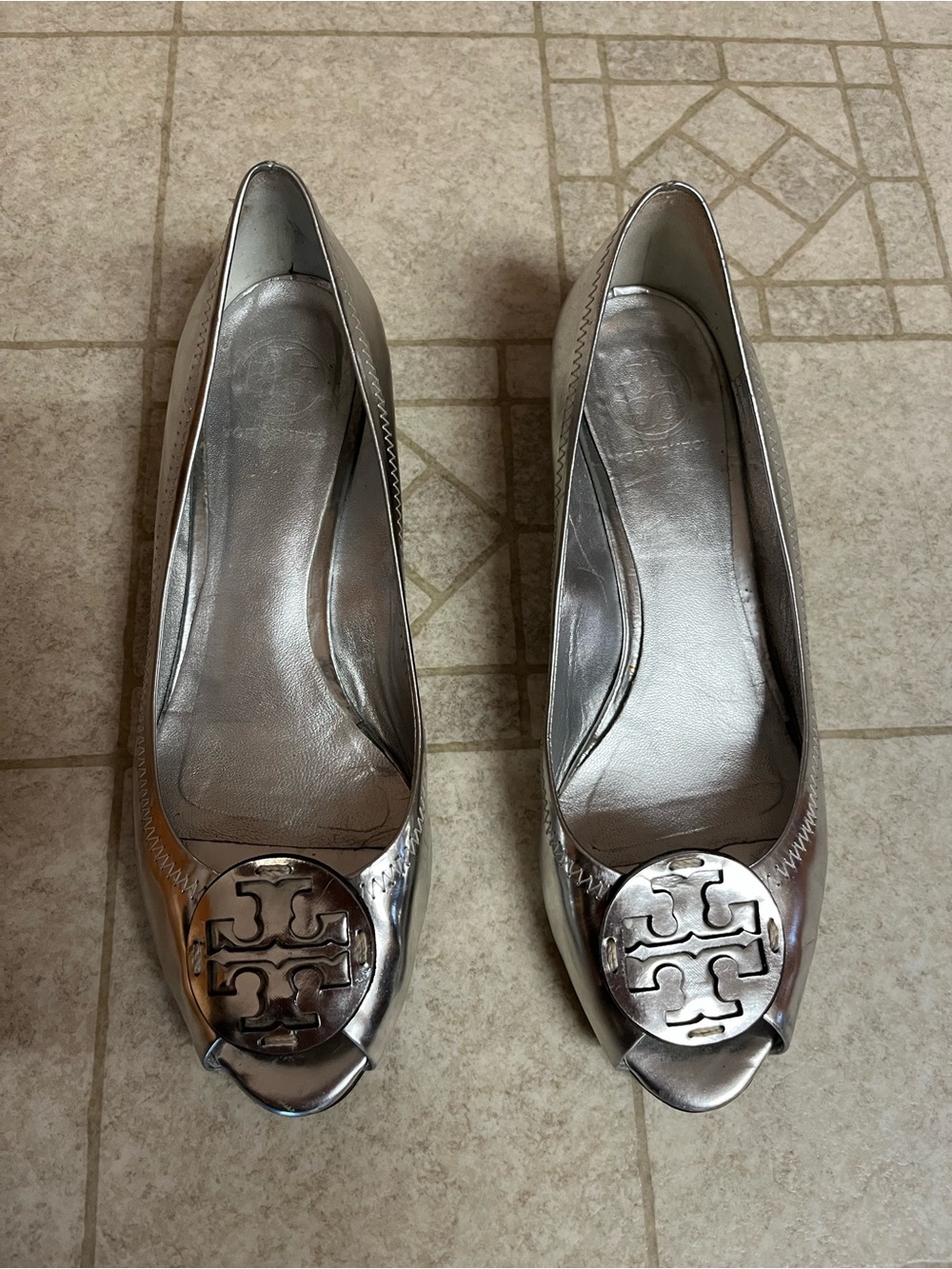 Tory Burch Metallic Silver Logo Peep-Toe Ballet Flats